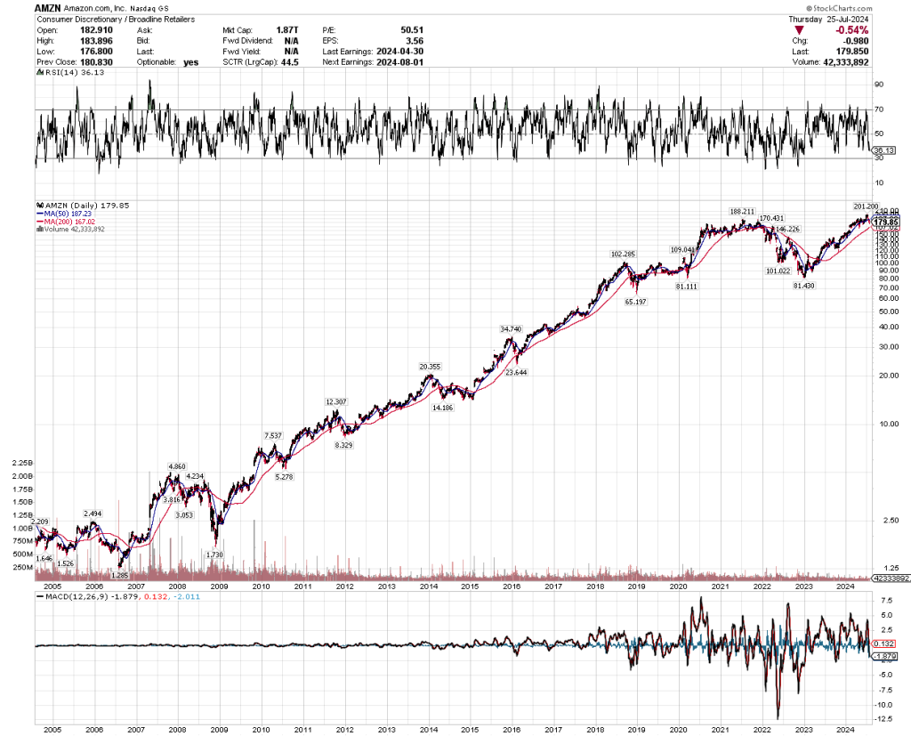 AMZN chart 2006-2020. It goes up and to the right with few moments below the 200DMA.